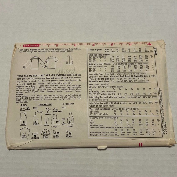 Simplicity Vintage 1960's Pattern #4160 Men's Shirt Vest Size 40 Neck 15.5" - Picture 6 of 6